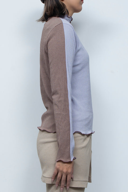 Rib Knit 2Way Bicolor Top Purple / Brown