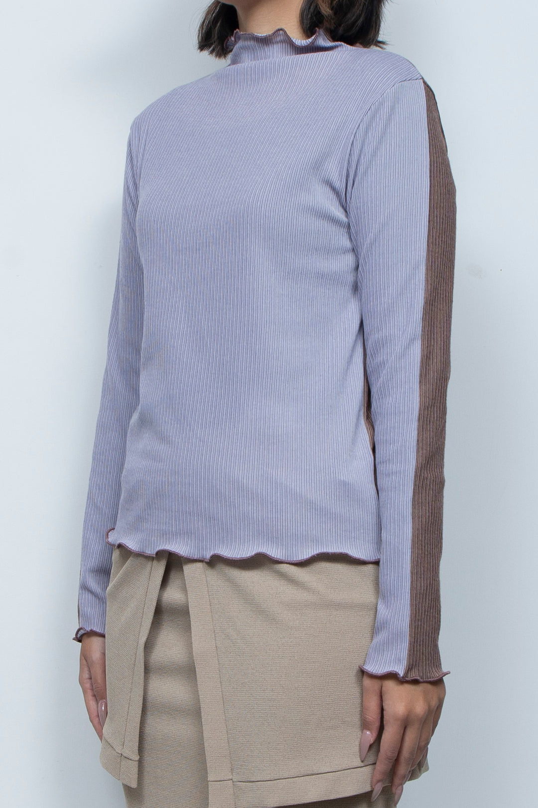 Rib Knit 2Way Bicolor Top Purple / Brown