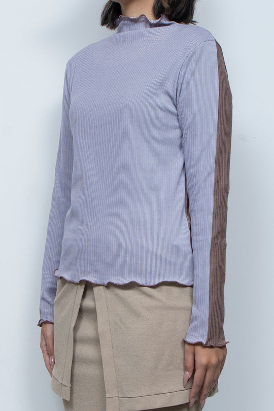 Rib Knit 2Way Bicolor Top Purple / Brown