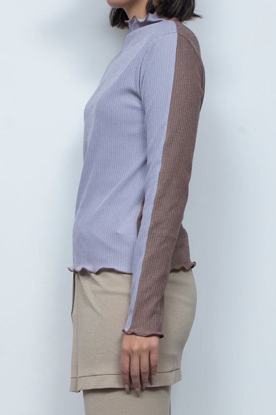 Rib Knit 2Way Bicolor Top Purple / Brown