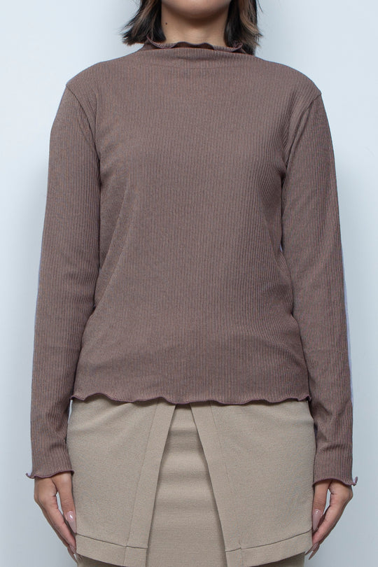 Rib Knit 2Way Bicolor Top Purple / Brown