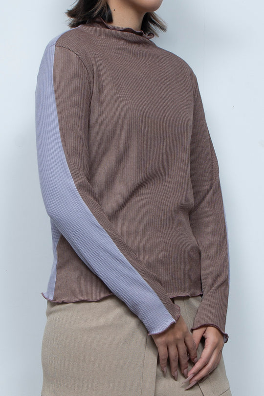 Rib Knit 2Way Bicolor Top Purple / Brown