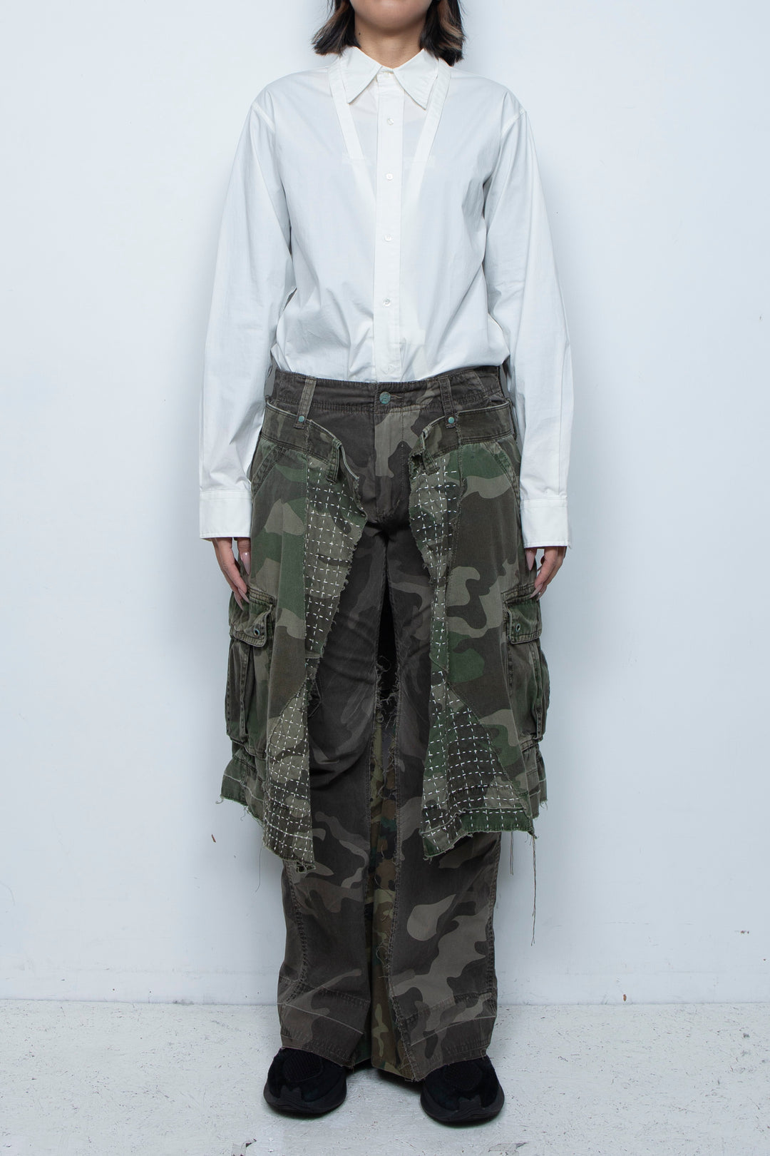 WRAPPED SASHIKO FLARE CAMO PANTS