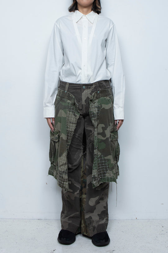 WRAPPED SASHIKO FLARE CAMO PANTS