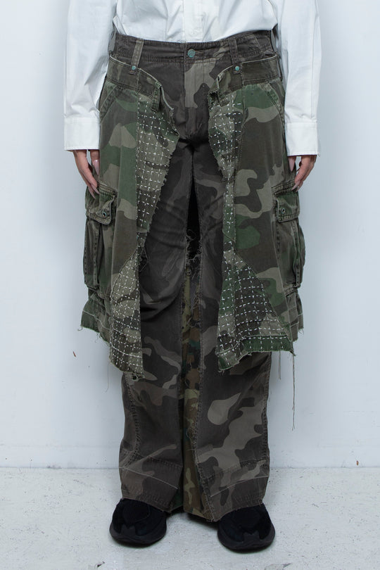 WRAPPED SASHIKO FLARE CAMO PANTS