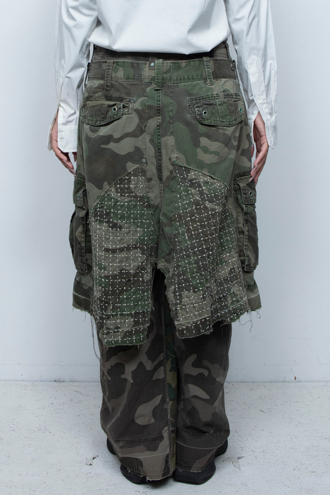 WRAPPED SASHIKO FLARE CAMO PANTS
