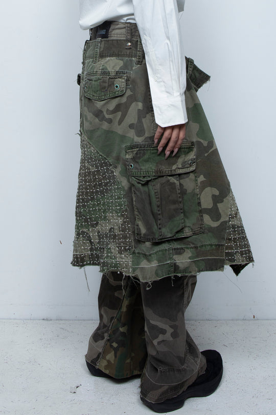 WRAPPED SASHIKO FLARE CAMO PANTS