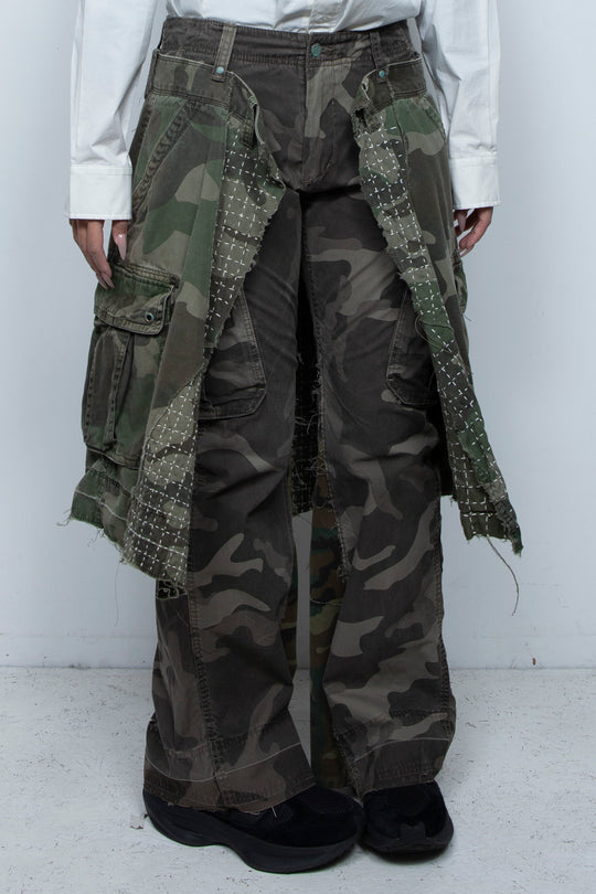 WRAPPED SASHIKO FLARE CAMO PANTS