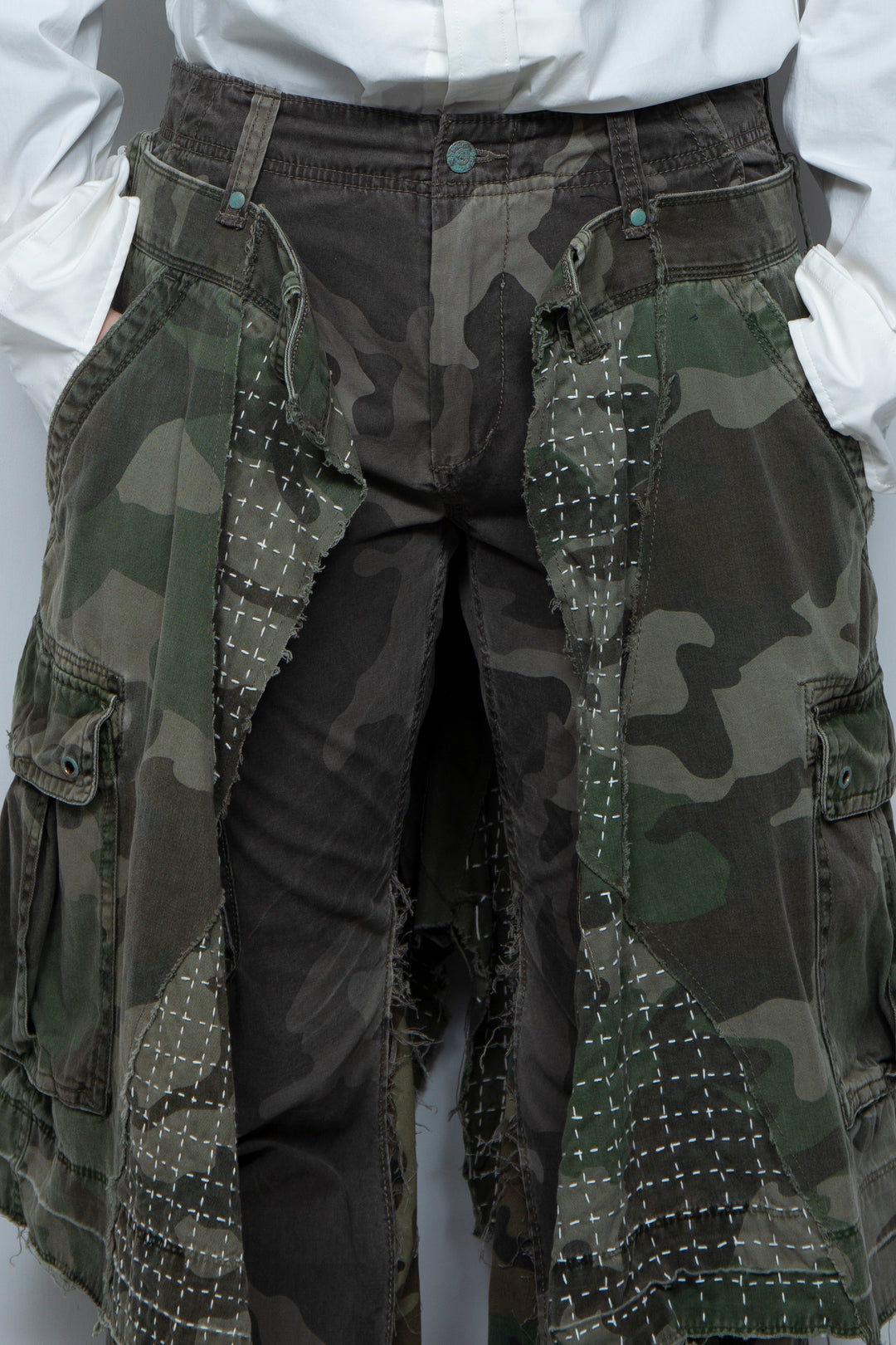 WRAPPED SASHIKO FLARE CAMO PANTS