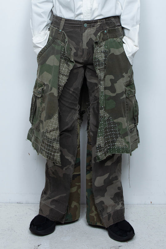 WRAPPED SASHIKO FLARE CAMO PANTS