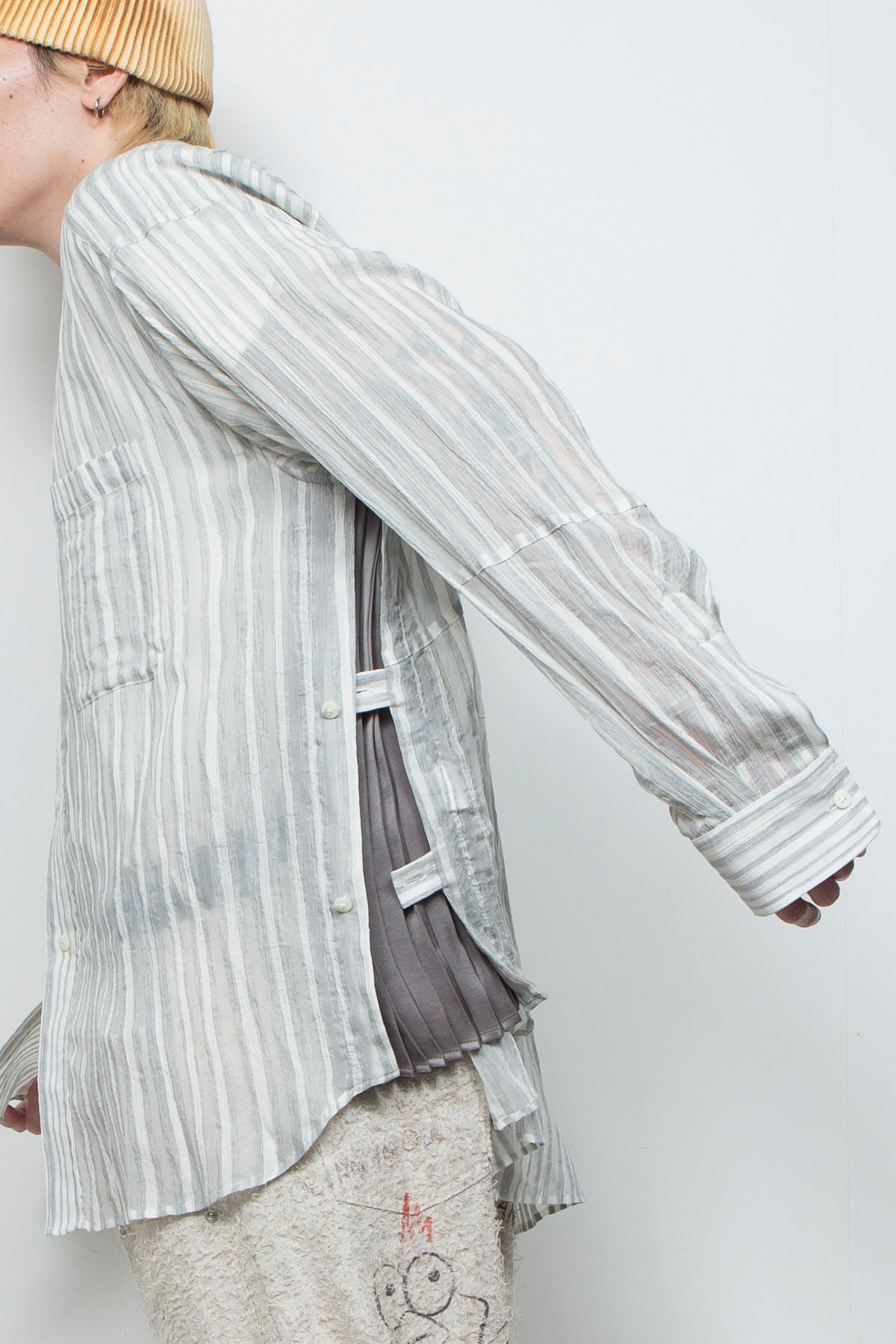 BEAN” Switching Balloon Side Pleats Shirt GRAY STRIPE シャツ KYOU