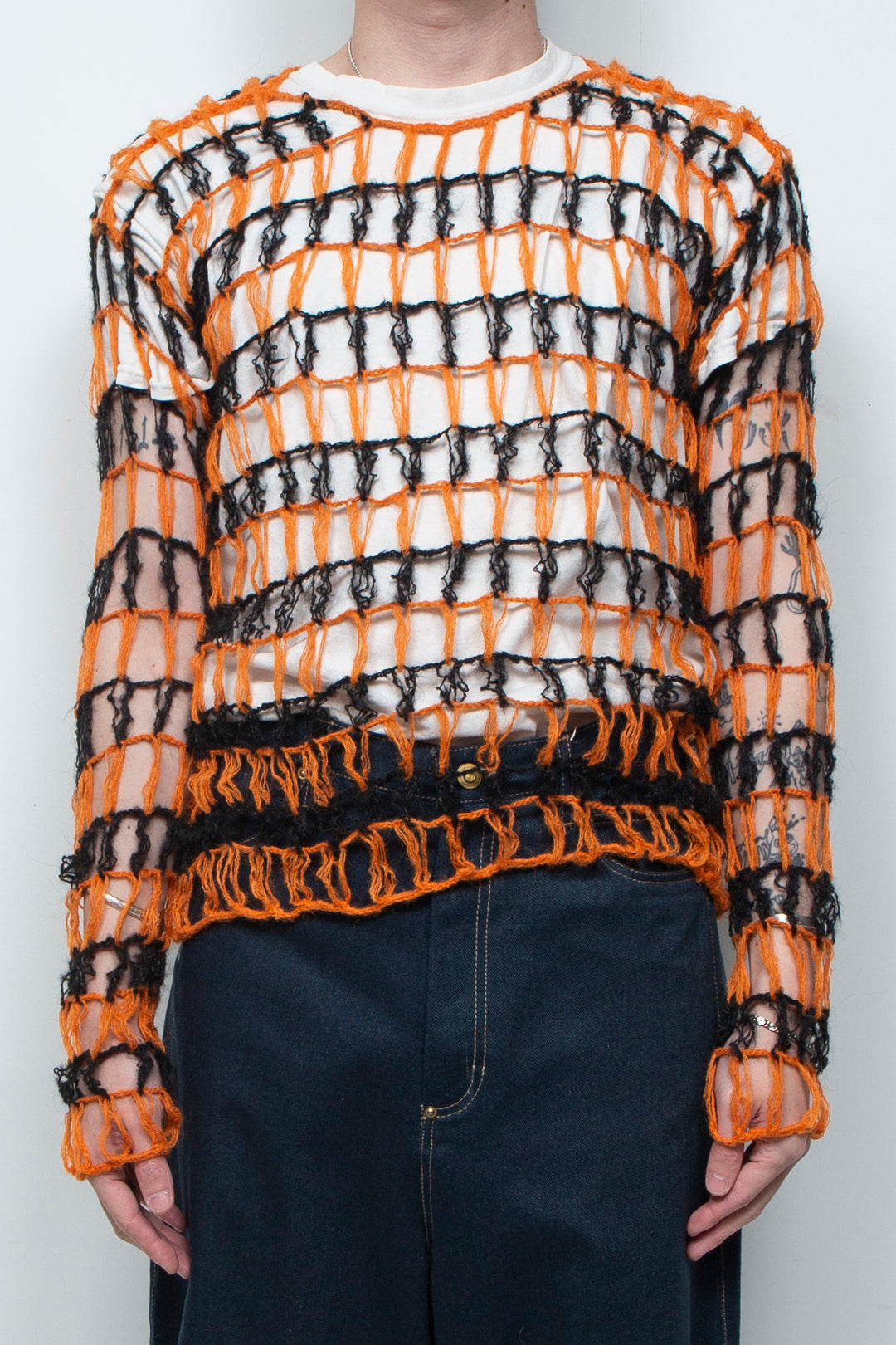 Fishing net large hollow out two-color sweater