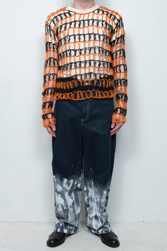 Fishing net large hollow out two-color sweater