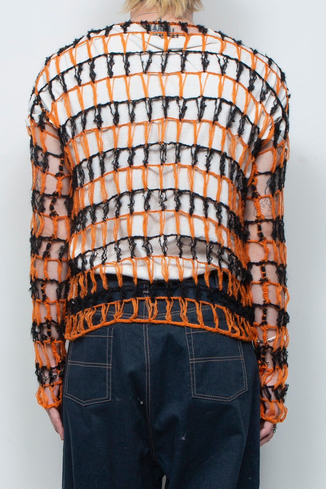 Fishing net large hollow out two-color sweater