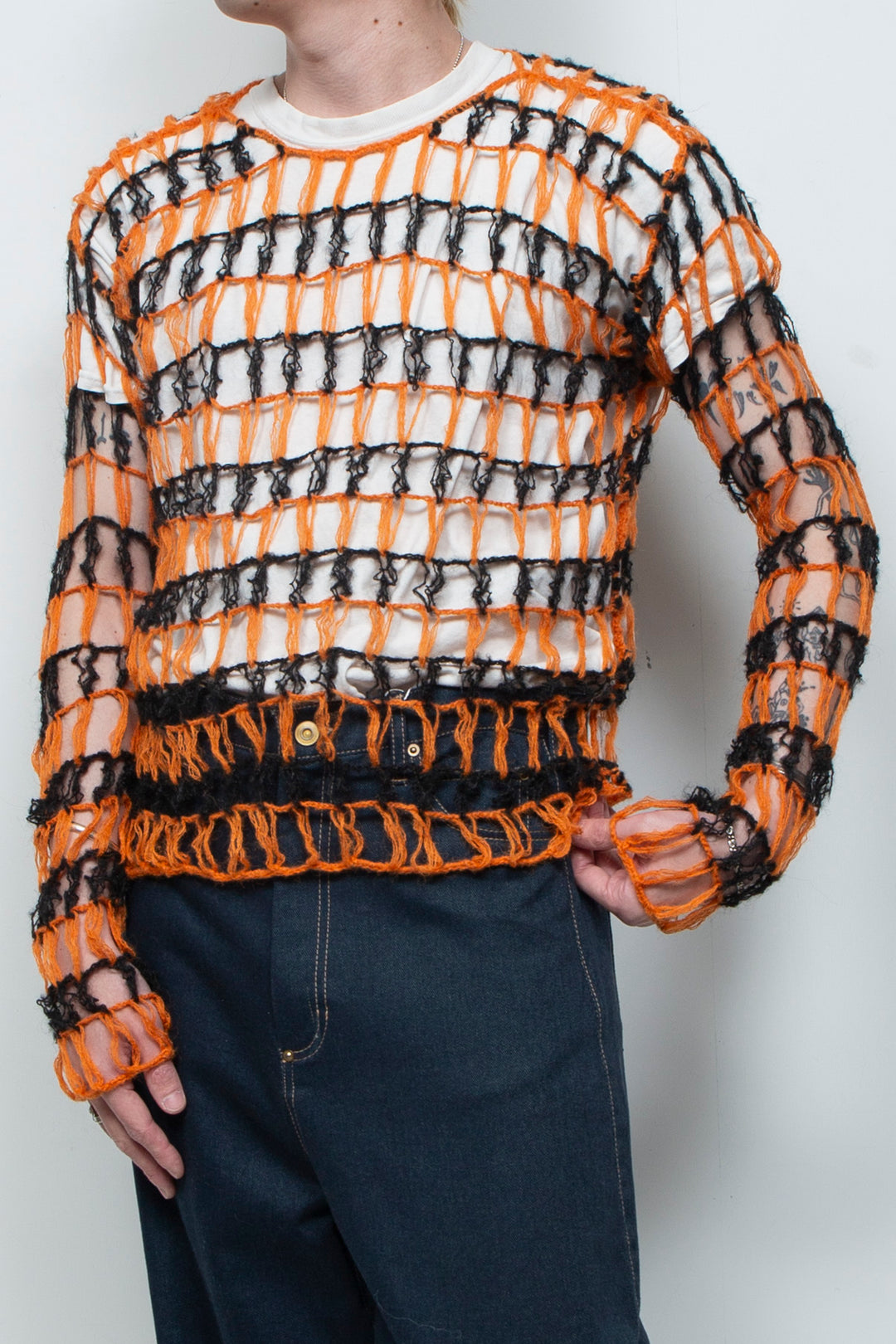 Fishing net large hollow out two-color sweater