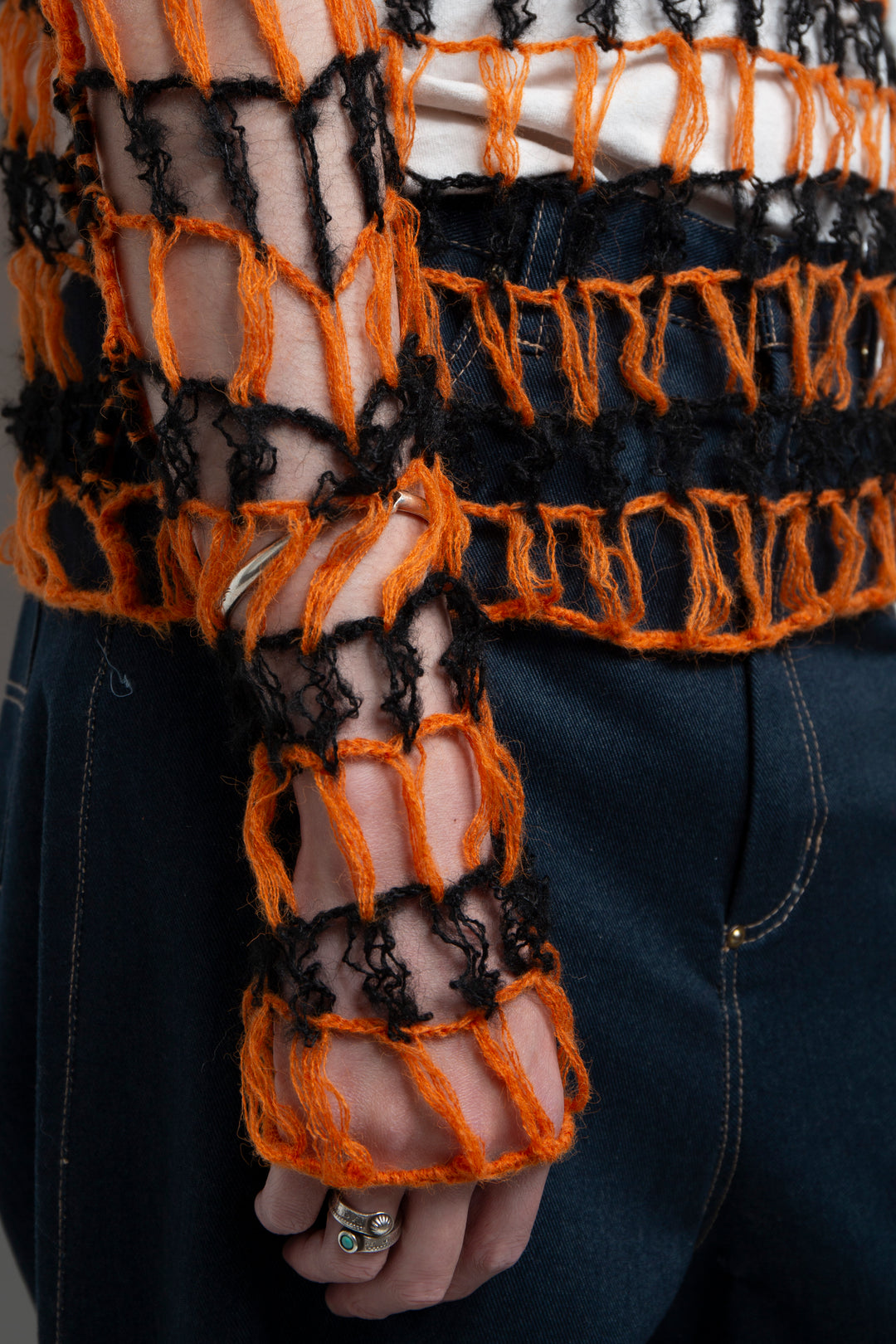 Fishing net large hollow out two-color sweater