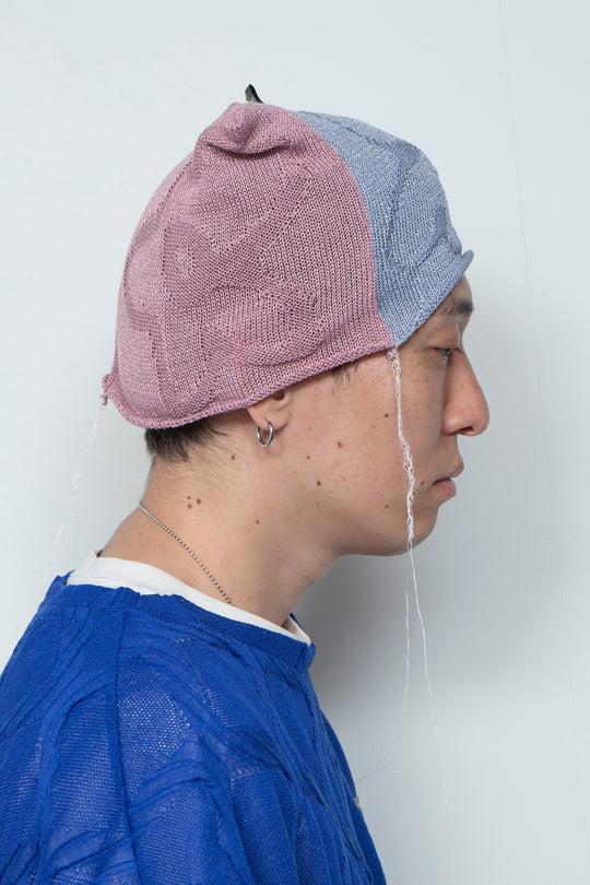 PATCHWORK FLORAL KNIT CAP BLUE