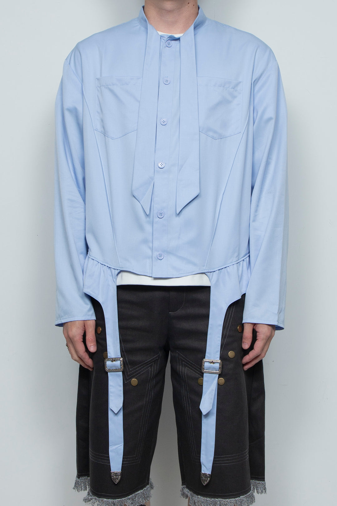 Blue suspender socks design bow tie shirt