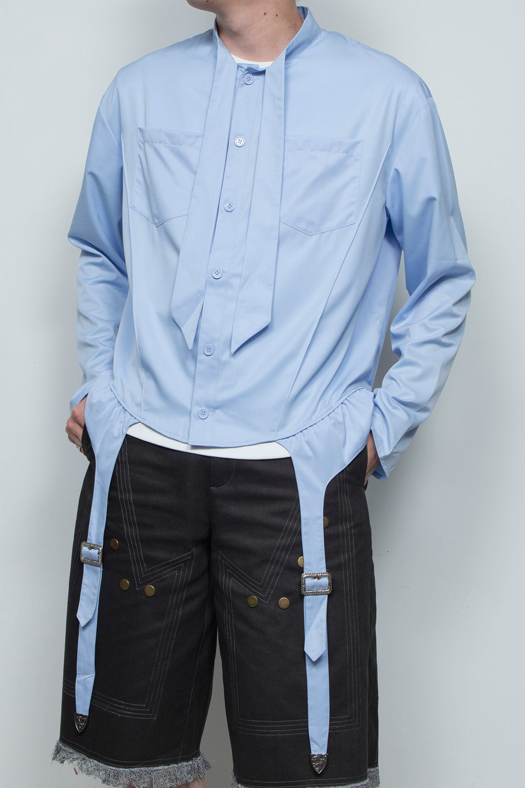 Blue suspender socks design bow tie shirt