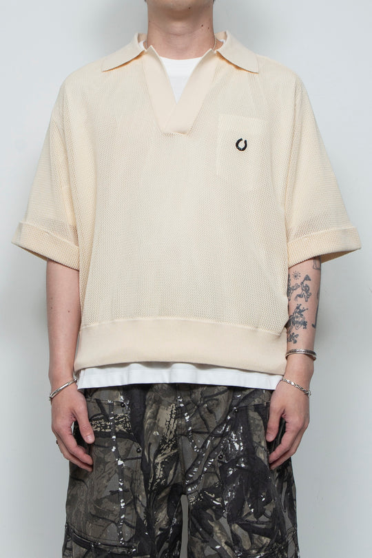 Hand-Embroidered Yomogi Cotton Cowgirl Knit Polo IVORY