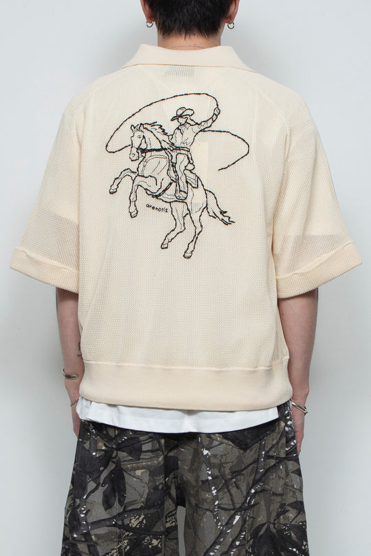Hand-Embroidered Yomogi Cotton Cowgirl Knit Polo IVORY