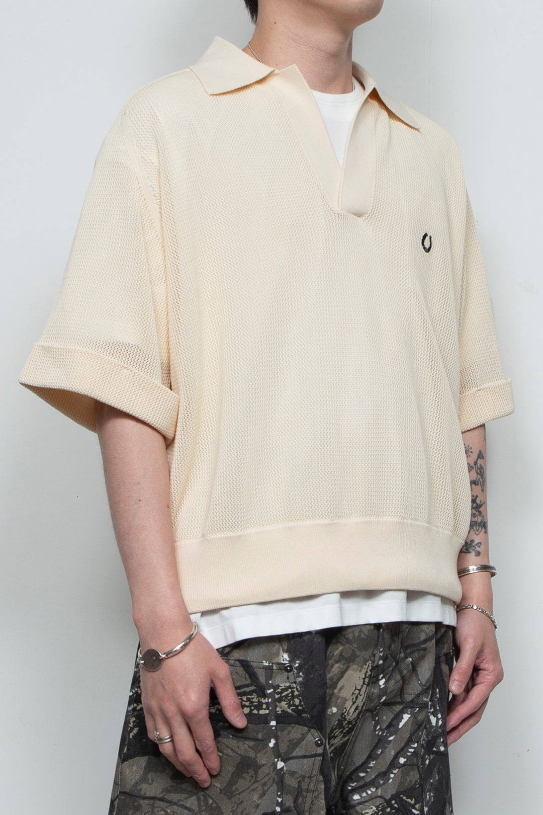 Hand-Embroidered Yomogi Cotton Cowgirl Knit Polo IVORY