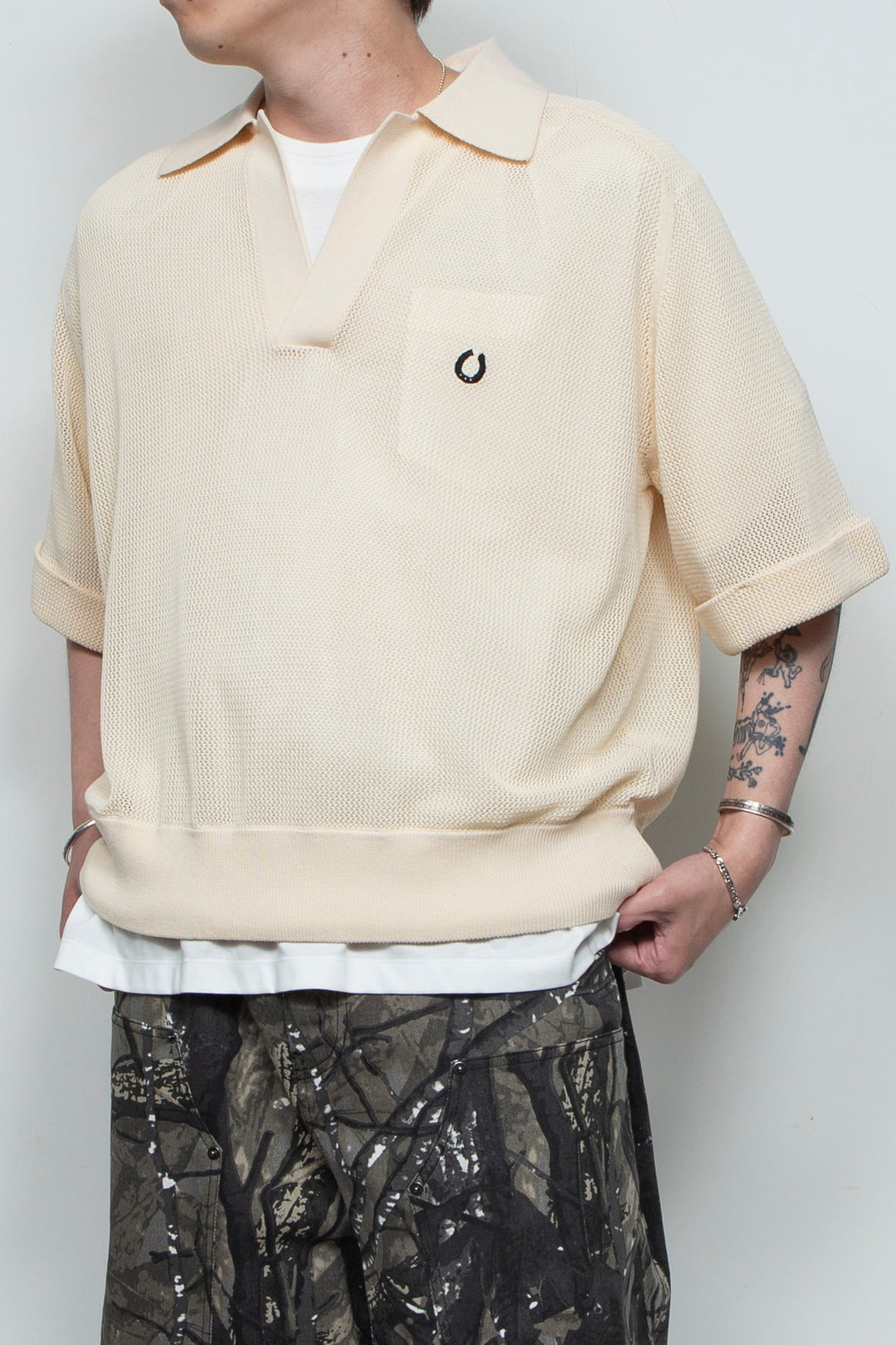 Hand-Embroidered Yomogi Cotton Cowgirl Knit Polo IVORY