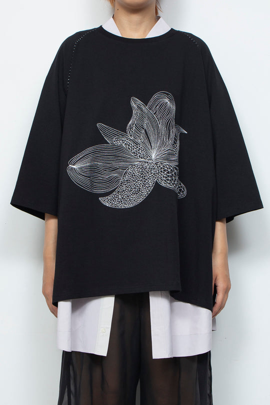 ETHER EMBROIDERED LOOSE-FITTING BLACK JERSEY OVERSIZED TEE