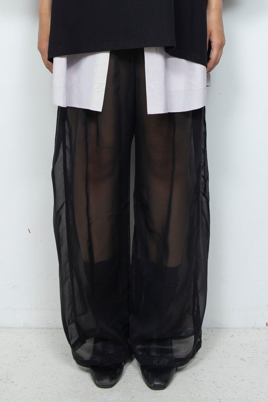 ETHER BLACK SILK COATED CHIFFON PLEATED WIDE PANTS