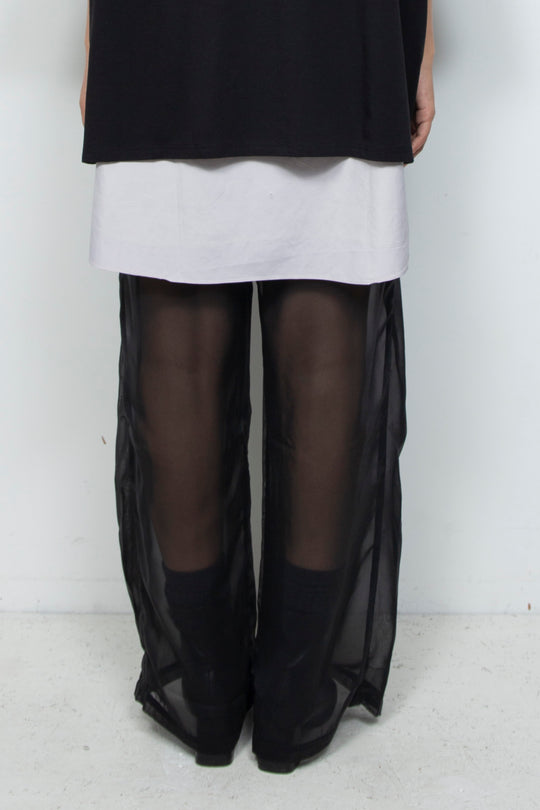 ETHER BLACK SILK COATED CHIFFON PLEATED WIDE PANTS