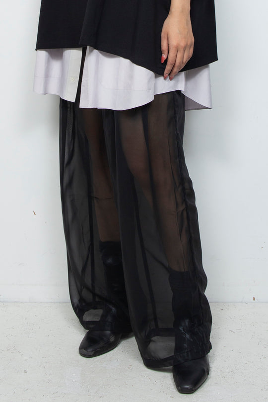 ETHER BLACK SILK COATED CHIFFON PLEATED WIDE PANTS
