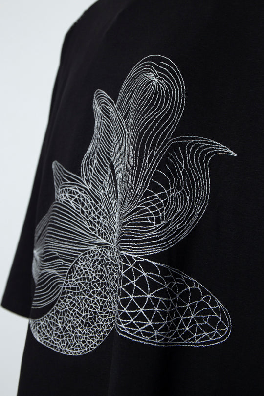 ETHER EMBROIDERED LOOSE-FITTING BLACK JERSEY OVERSIZED TEE