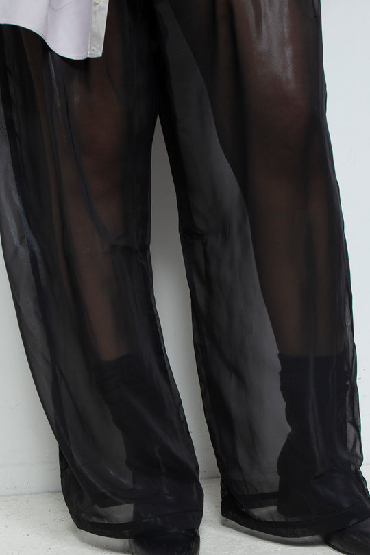 ETHER BLACK SILK COATED CHIFFON PLEATED WIDE PANTS