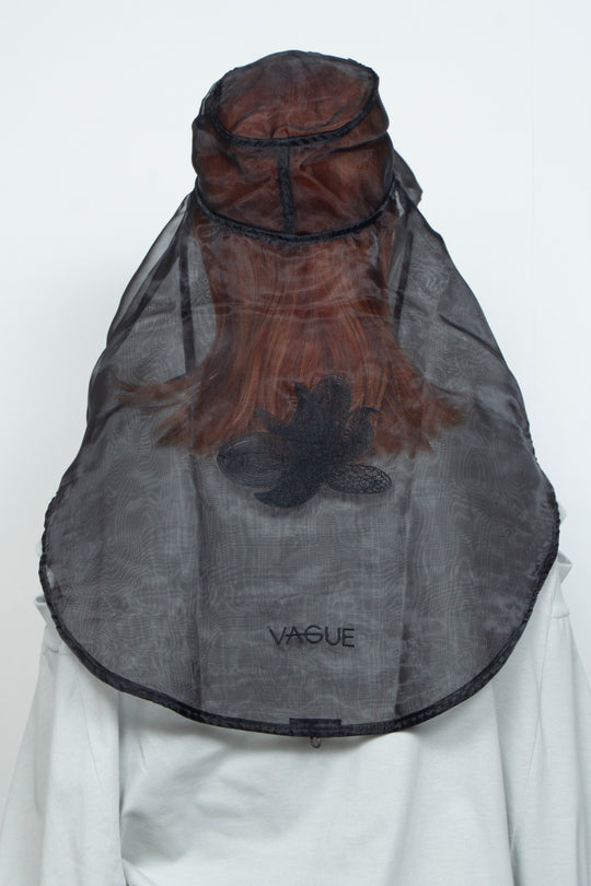 ETHER WIDE-BRIM EMBROIDERED BLACK ORGANZA HAT