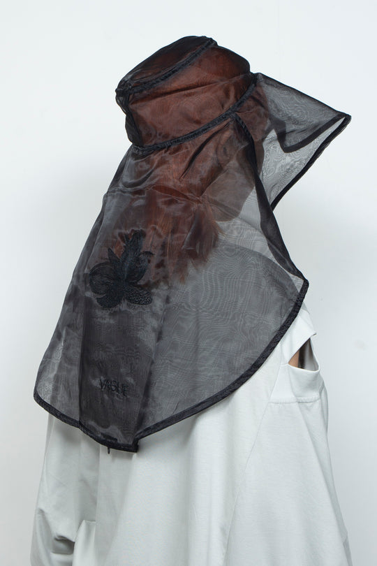 ETHER WIDE-BRIM EMBROIDERED BLACK ORGANZA HAT