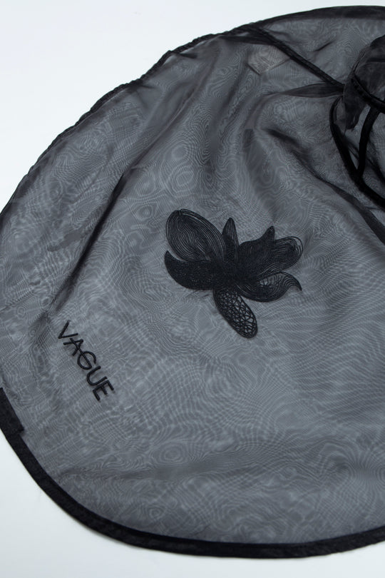 ETHER WIDE-BRIM EMBROIDERED BLACK ORGANZA HAT