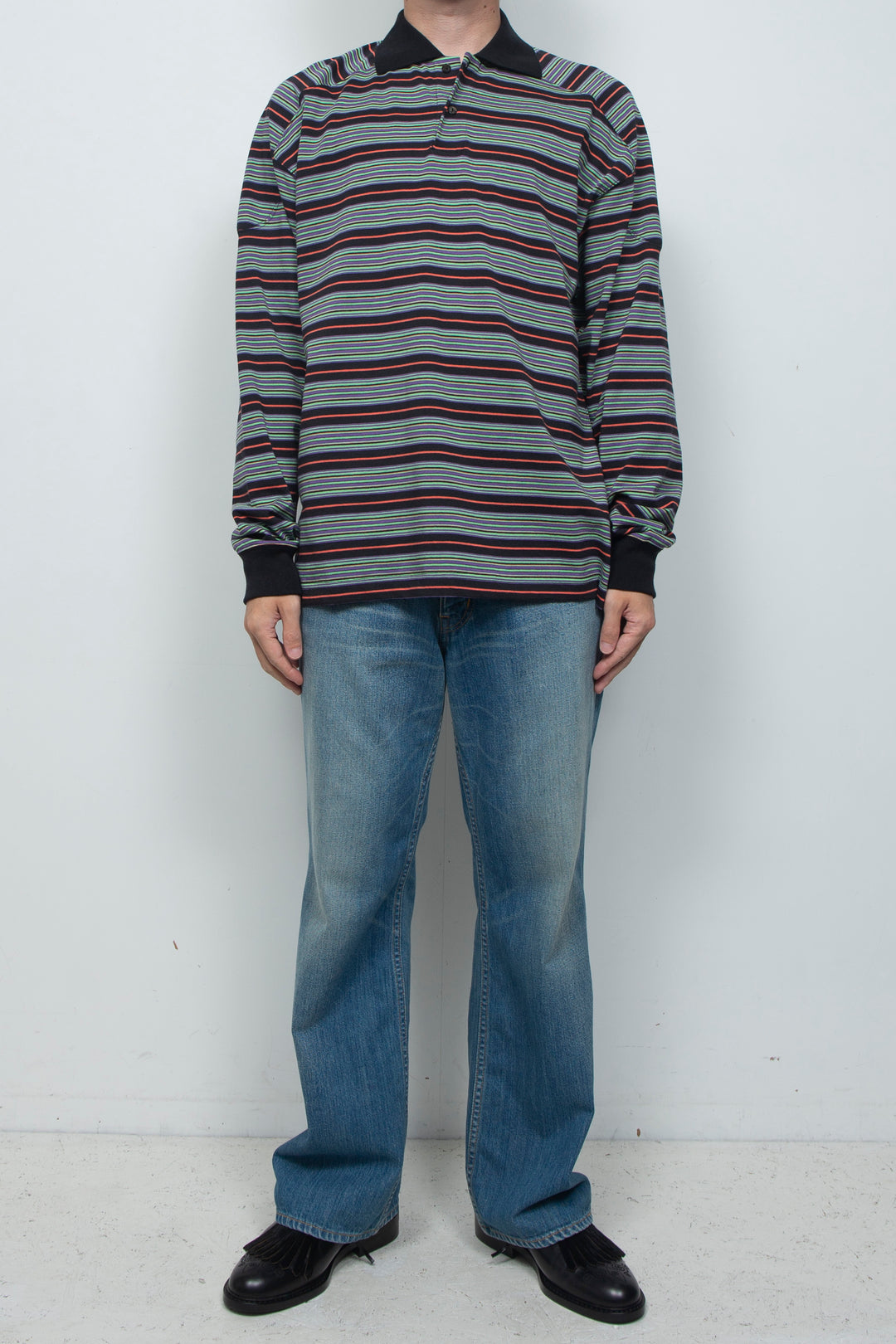"ROESIE's" Nostalgic Border Polo Shirt BLACK