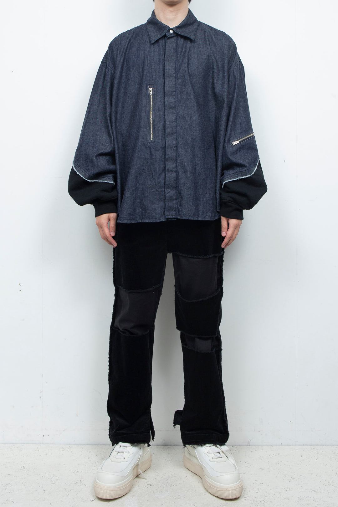 Light-oz denim twisted sleeves shirt INDIGO WASHED