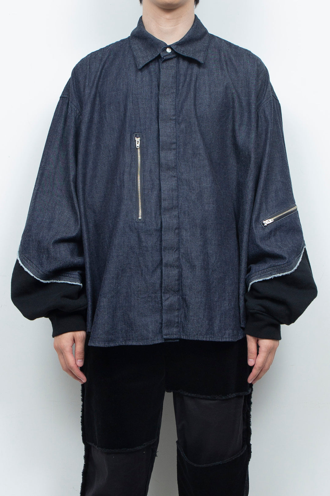 Light-oz denim twisted sleeves shirt INDIGO WASHED
