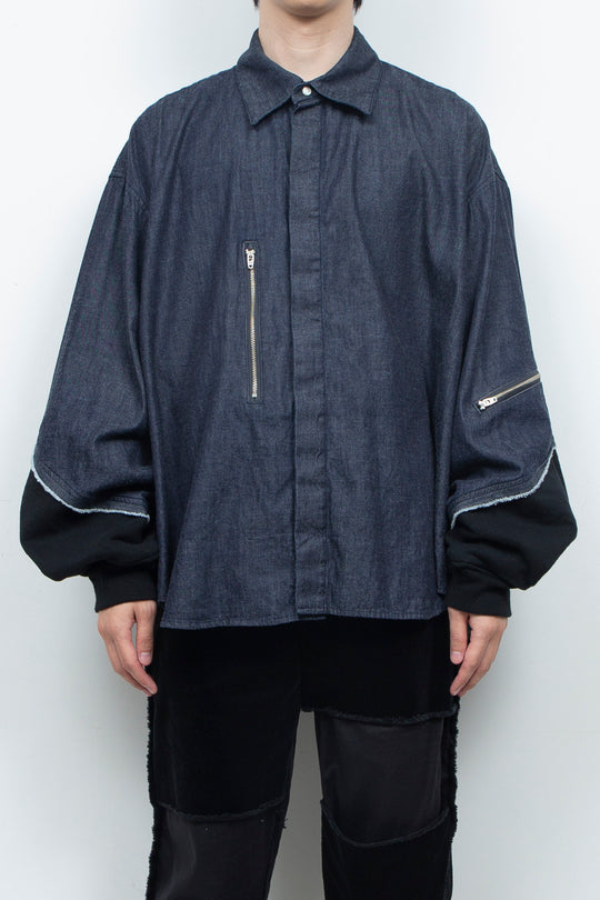 Light-oz denim twisted sleeves shirt INDIGO WASHED