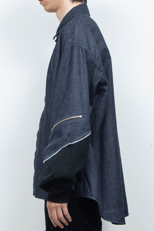 Light-oz denim twisted sleeves shirt INDIGO WASHED