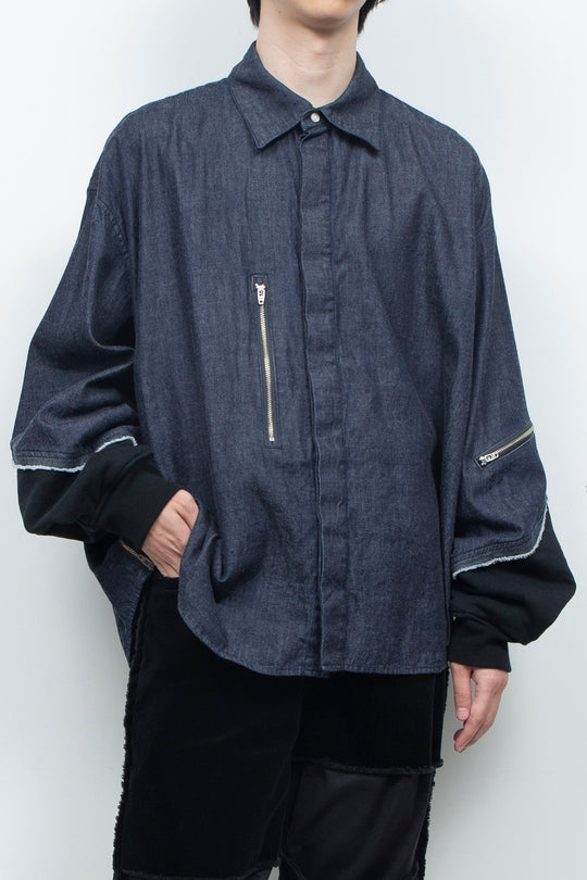 Light-oz denim twisted sleeves shirt INDIGO WASHED