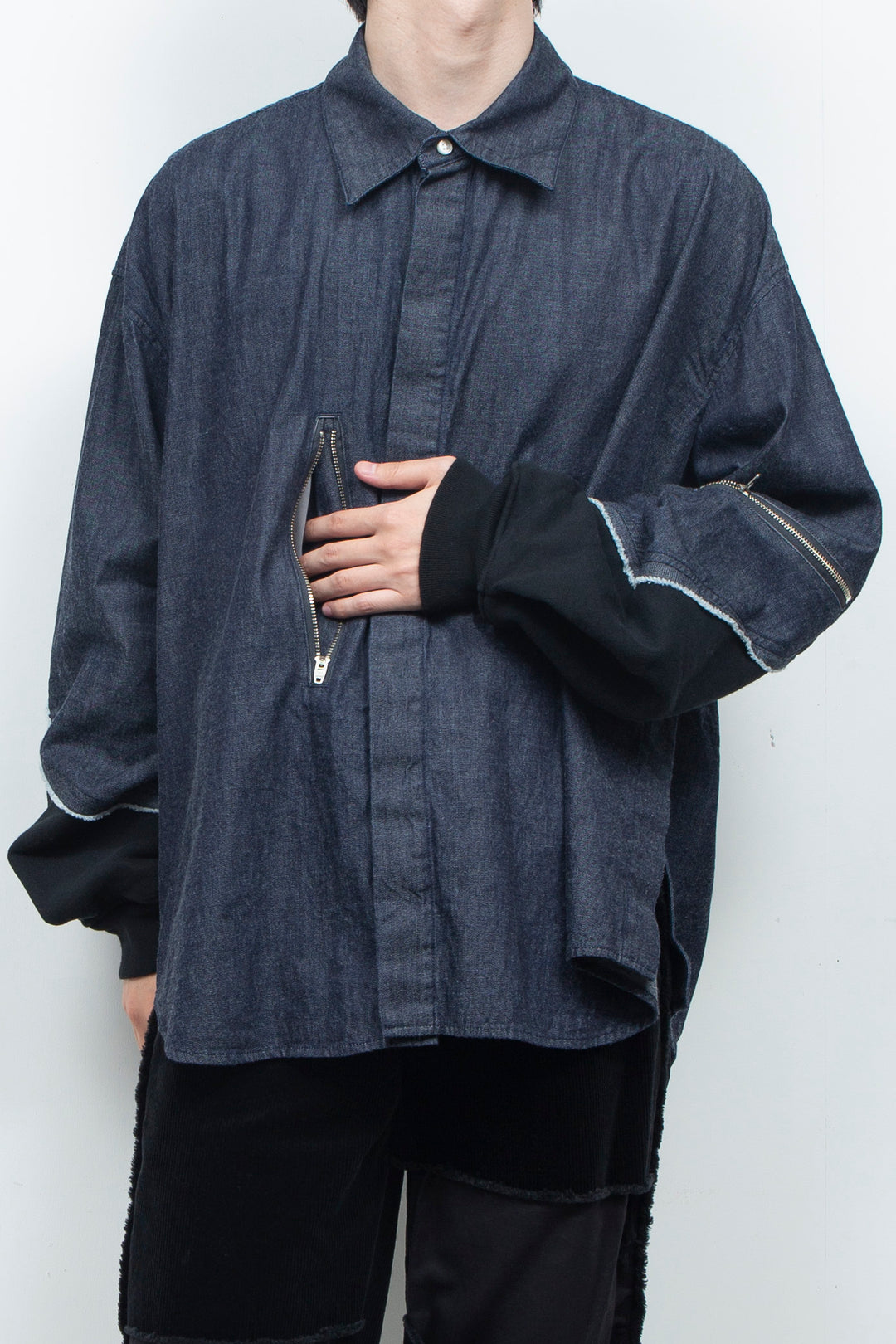 Light-oz denim twisted sleeves shirt INDIGO WASHED