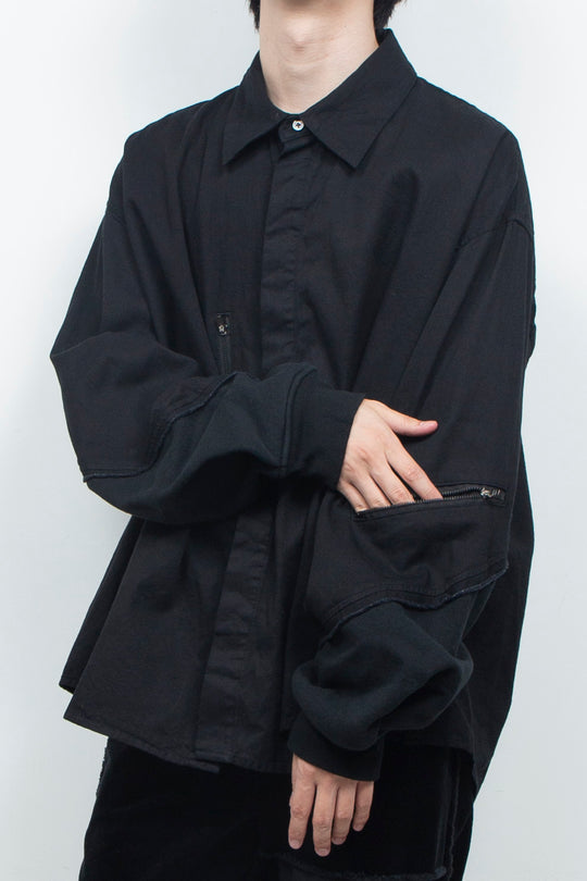 Light-oz denim twisted sleeves shirt BLACK WASHED