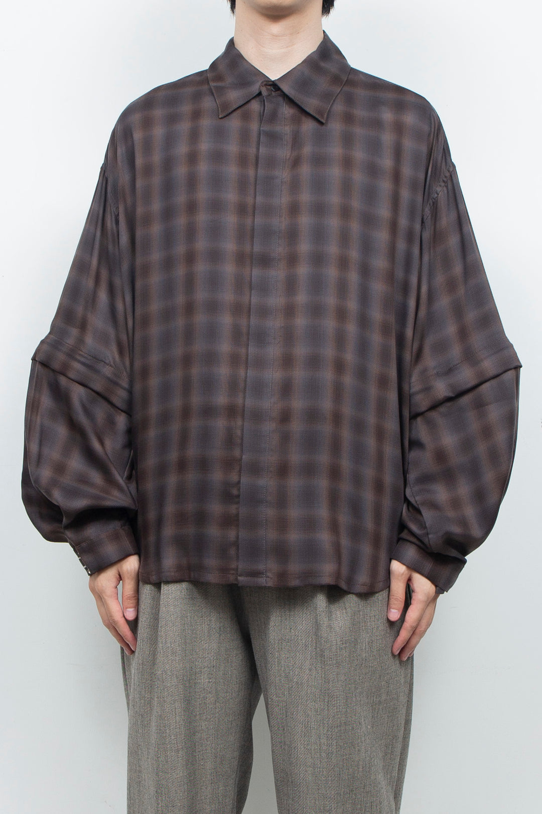Amunzen Detachable Sleeve Shirt BROWN CHECK