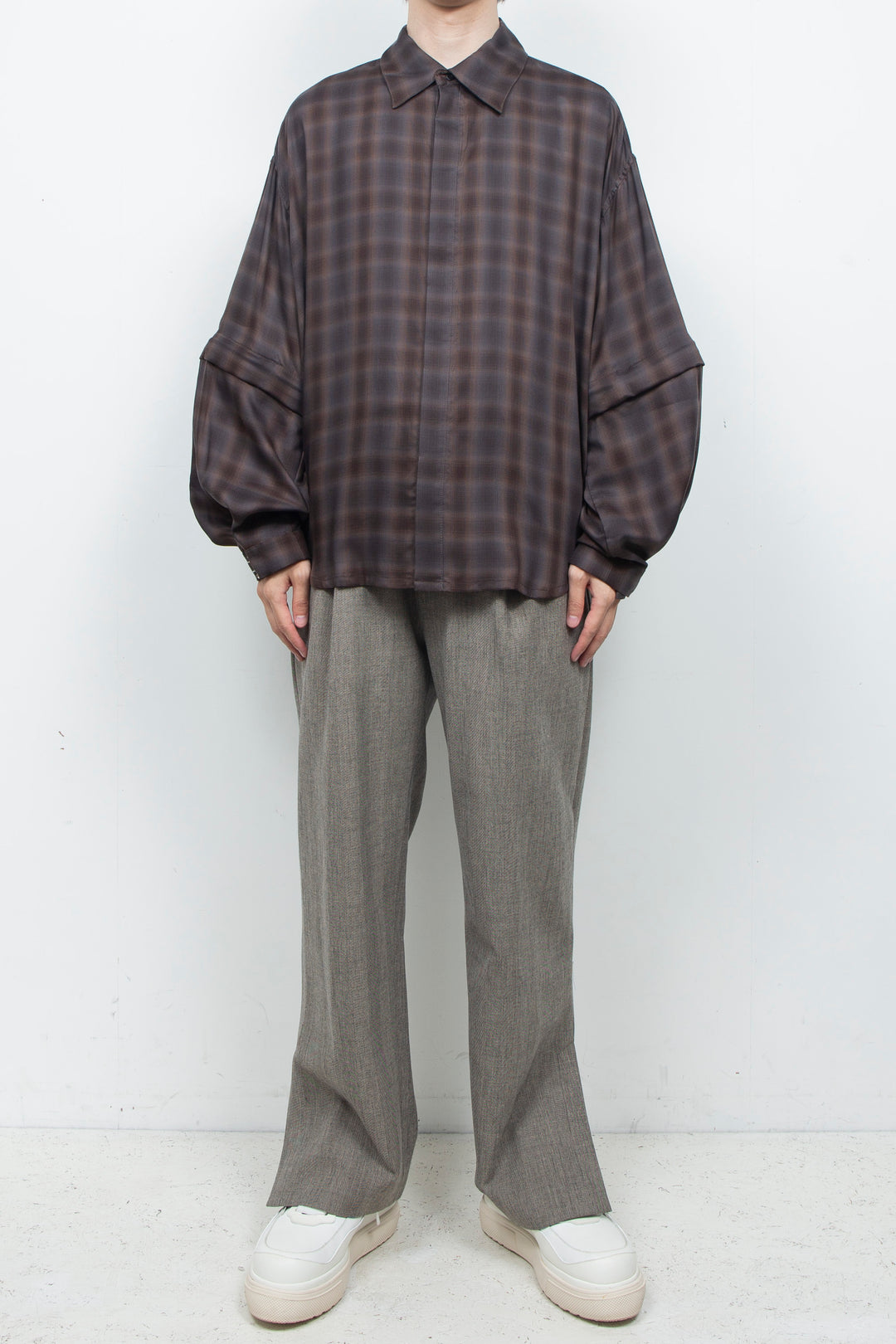 Amunzen Detachable Sleeve Shirt BROWN CHECK