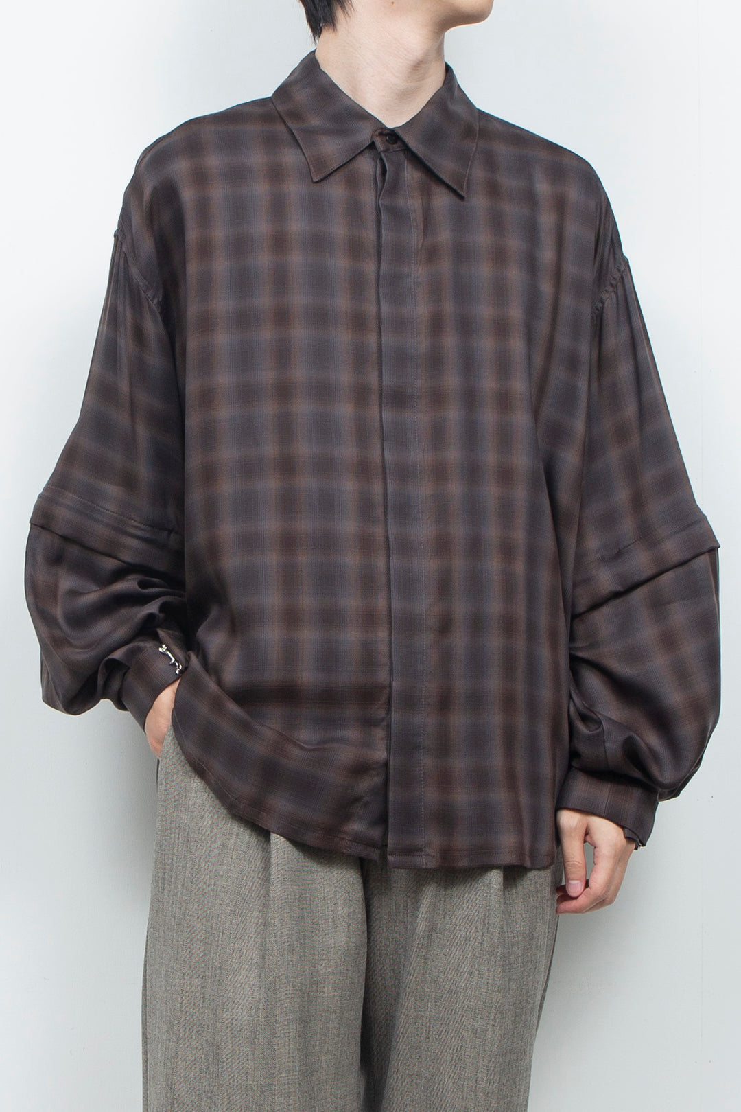 Amunzen Detachable Sleeve Shirt BROWN CHECK
