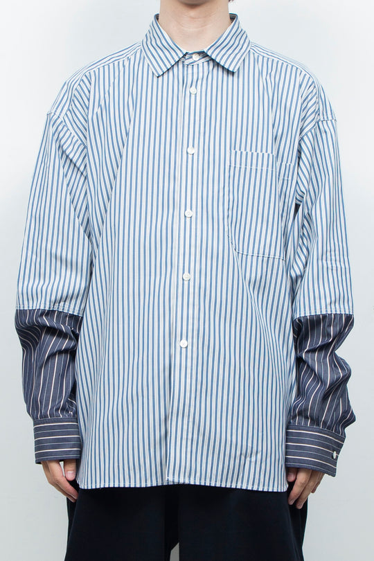 "BEAN”  Switching Balloon Side Pleats Shirt NAVY STRIPE