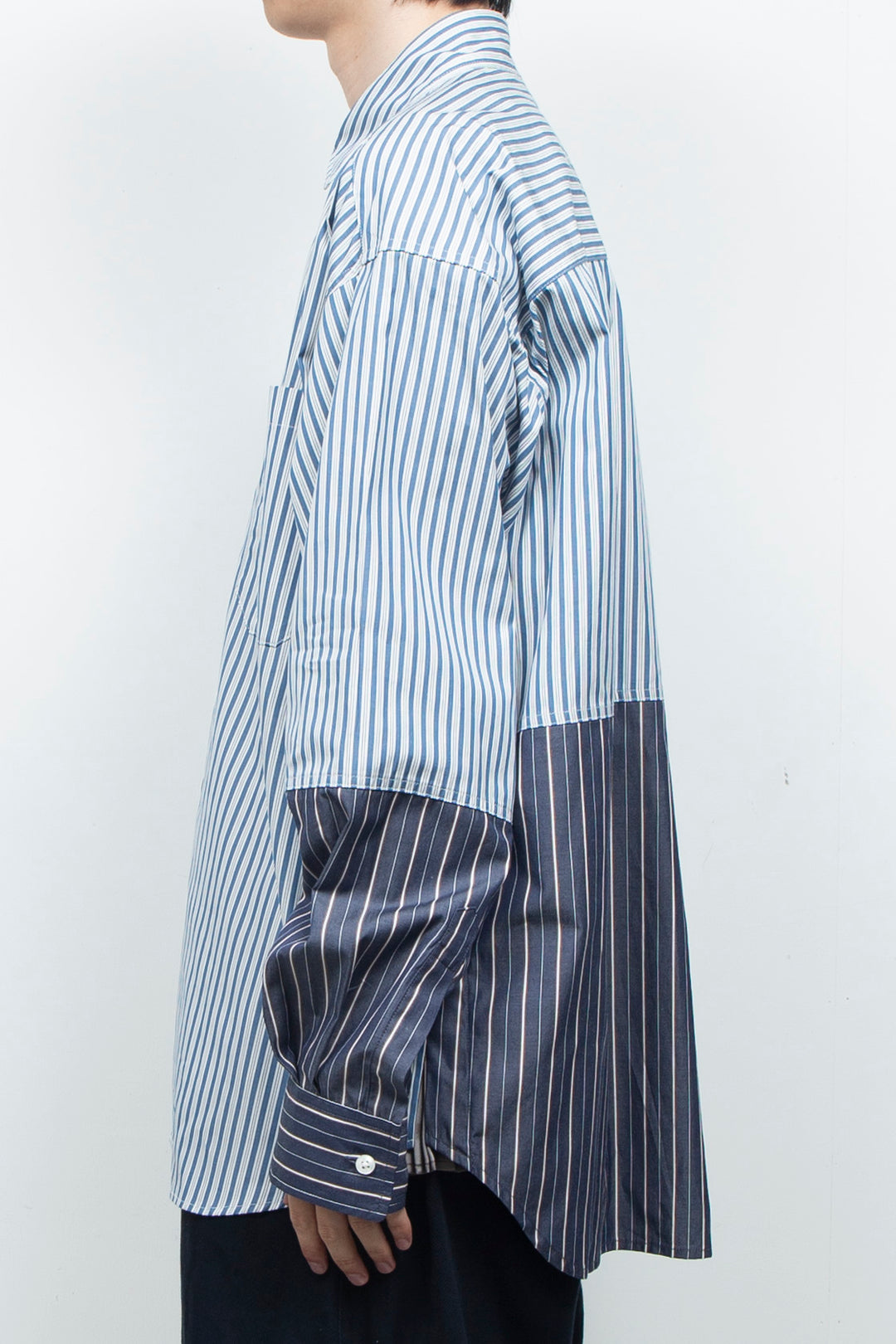 "BEAN”  Switching Balloon Side Pleats Shirt NAVY STRIPE