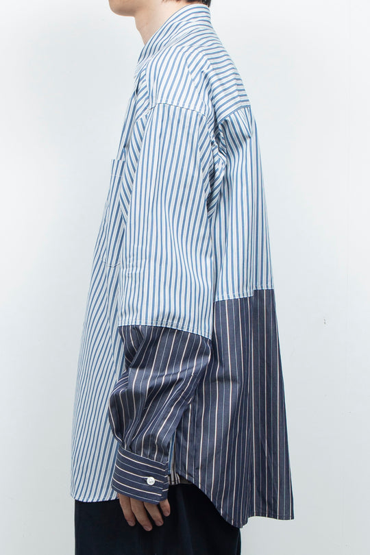 "BEAN”  Switching Balloon Side Pleats Shirt NAVY STRIPE